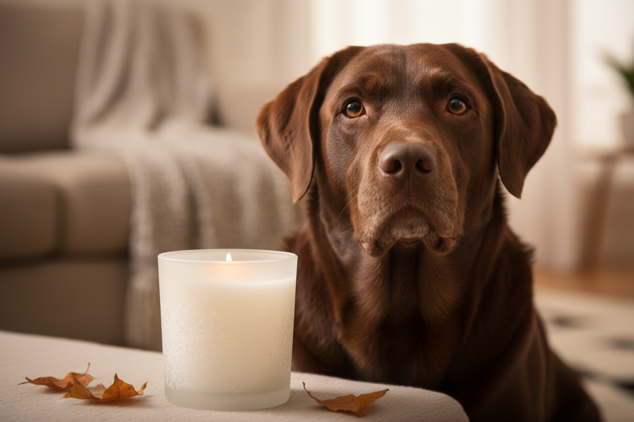chocolate labrador dog with a beautiful frosted candle